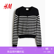H&M女裝毛針織衫秋季薄款時(shí)尚法式慵懶短款打底衫miu系開(kāi)衫0579541 黑色/白色條紋 M 165/96