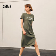 森馬（Semir）連衣裙女復(fù)古休閑中長(zhǎng)裙簡(jiǎn)約風(fēng)夏季小心機(jī)字母開叉T恤裙 綠色調(diào)00344 S