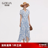 歌莉婭連衣裙女2025新款夏季海邊度假連身裙法式V領(lǐng)長(cháng)裙1E7L4K750 8DD異域風(fēng)情藍調筆觸印花 XL