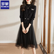 羅蒙（ROMON）高檔女裝氣質(zhì)針織套裙中長(cháng)款網(wǎng)紗拼接毛衣裙馬甲兩件套秋冬新款潮 黑色 2XL