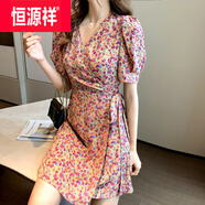 恒源祥冰絲夏法式復(fù)古碎花連衣裙女小清新v領(lǐng)收腰顯瘦印花雪紡短袖裙子 紫粉色 S 建議75-95斤