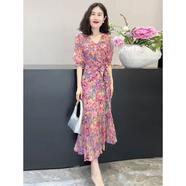 皮爾卡丹（pierrecardin）法式泡泡袖碎花連衣裙女2025新款V領(lǐng)收腰綁帶長(zhǎng)裙寬松顯瘦魚(yú)尾裙 圖片色 M [100-110斤]