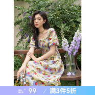 謎秀法式復(fù)古度假風(fēng)油畫碎花連衣裙2025春季顯瘦泡泡袖海邊度假沙灘裙 奈良藍花連衣裙 M