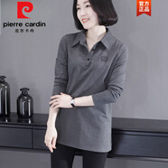 皮爾卡丹（pierre cardin）長袖T恤女裝2025秋裝翻領(lǐng)上衣休閑打底衫襯衣媽媽裝加絨純色內(nèi)搭 深灰 T2048中長款 下擺開叉 M