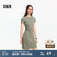 森馬（Semir）連衣裙女收腰T恤裙小心機夏季2025新款繡花圓領(lǐng)短裙簡約休閑 橄欖綠A41805 XS
