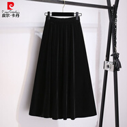 皮爾卡丹金絲絨半身裙女新款高腰a字大碼打底裙胖mm裙子松緊腰顯瘦中長(cháng)裙 黑色 4XL 建議180-200斤