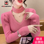 AEMAPE泡泡袖打底衫女裝掛脖毛衣女2025春秋冬季時尚針織衫女心機 玫紅 M _100-115斤