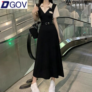 DGOV美式翻領(lǐng)氣質(zhì)短袖連衣裙女夏季寬松寬松收腰顯瘦學(xué)院風(fēng)辣妹A裙子 拼色/長裙【配腰帶】 M 90-99斤