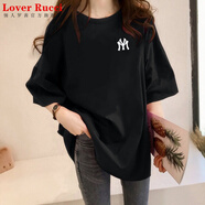 LOVER RUCCI中長(cháng)款短袖t恤女裝2025夏季新款寬松大碼遮臀體恤歐貨大版ins上衣 黑色 XL