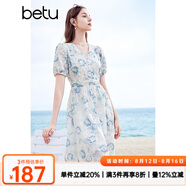 百圖betu女裝夏季新款連衣裙V領花邊雪紡印花連衣裙女2404T91 藍色 S