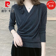 皮爾卡丹（pierre cardin）秋季新品V*領(lǐng)洋氣時尚百搭氣質(zhì)減齡打底衫女士亮絲長*袖顯瘦t恤上 黑色 3XL 120-130斤