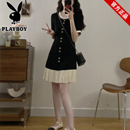 花花公子（PLAYBOY）壓褶荷葉邊拼接連衣裙女夏季大碼胖mm法式甜美洋氣顯瘦小香風裙子 短款連衣裙 2XL 建議140-160斤