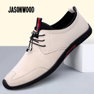 JASONWOOD正品夏季新款輕奢商務(wù)男鞋舒適免系帶百搭柔軟舒適低幫皮鞋休閑鞋 米色皮鞋碼 39