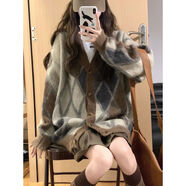 俞兆林菱格V領(lǐng)針織開(kāi)衫外套女春秋款秋冬新款爆款日系復古慵懶毛衣外穿 圖片色 L