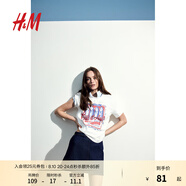 H&M女裝T恤2025秋季新款柔軟美式寬松印花短袖時(shí)尚舒適上衣1282938 奶油色/沙丁魚(yú) M 165/96