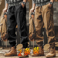 鵲笙美式高端英倫工裝褲男秋冬季新款潮牌束腳寬松大碼痞帥復古休閑褲 黑色+卡其【常規款兩件裝】 XL 【建議120-135斤左右】