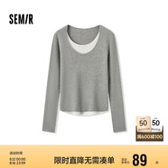森馬毛衣女拼色假兩件毛衫修身春秋圓領(lǐng)套頭衫顯瘦109524107002