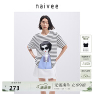 納薇（naivee）商場同款25夏新款摩登美人印花寬松圓領(lǐng)條紋棉T恤女 黑白 L