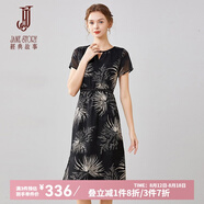經(jīng)典故事（JANE STORY）中長款印花連衣裙女2025夏季新款時尚圓領氣質(zhì)黑色高端雪紡裙子 R23 黑帶杏色 S