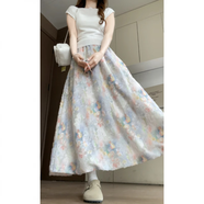 曦牧遙鑫鑫同學(xué)莫奈花園甜美碎花半身裙女2025夏新款高腰百搭顯瘦長裙子 藍(lán)色 M _96-115