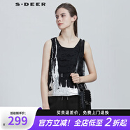 S.DEER圣迪奧夏季女裝時(shí)尚百搭圓領(lǐng)肌理破洞印花背心T恤S21280301 黑色/91 L 170