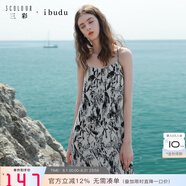 IBUDU2025夏季新款雪紡壓皺連衣裙無袖吊帶裙花卉寬松長裙女 黑白花卉 M 160/84A