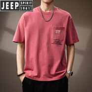 JEEP SPIRIT吉普高端美式純棉重磅石磨水洗T恤男短袖2025夏季體恤寬松上衣男 BNT8097磚紅 M 適合110-130斤