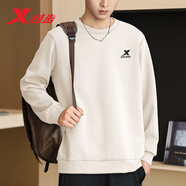特步（XTEP） 衛(wèi)衣男裝套頭t恤衫秋季休閑運(yùn)動(dòng)服飾男士保暖打底寬松大碼跑步服 明月白-logo基礎(chǔ)圓領(lǐng)-不加絨 L /175 -現(xiàn)貨速發(fā)