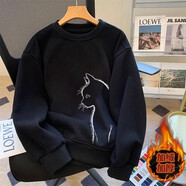 一寸相思霧霾藍寬松圓領(lǐng)衛衣女2026年秋冬新款爆款設計感上衣加絨加厚外套 黑色-低頭貓咪【加絨款】 XL 推薦【150-170斤】