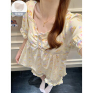 西忘睡衣女款夏季2025新款綿綢短袖薄款甜美可愛(ài)可愛(ài)帶胸墊家居服套裝 J1041QH 蛋糕小狗 淺黃色 固定胸墊 M