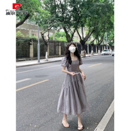 皮爾卡丹法式感灰色方領(lǐng)連衣裙女夏季新款氣質(zhì)收腰顯瘦泡泡袖A字長(zhǎng)裙 灰色泡泡袖連衣裙[海邊度假/五一 S