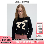 VEGA CHANG毛衣女2025秋冬新款慵懶仿貂毛蝴蝶結(jié)圓領(lǐng)套頭毛針織衫 簡約黑 L