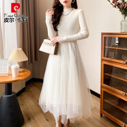 皮爾卡丹（pierre cardin）春裝長款過膝針織連衣裙女2025春秋中長款蕾絲拼接毛衣裙修身顯瘦 米白色 S