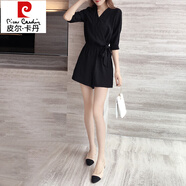 皮爾卡丹（pierre cardin）2025新款夏季高腰連體褲女雪紡垂感小個子工裝休閑黑色短褲連衣褲 黑色 S 建議85至100斤