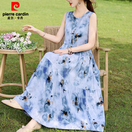 皮爾卡丹（pierre cardin）夏季新款法式無(wú)袖吊帶棉綢連衣裙女大擺沙灘裙多巴胺風(fēng) 1號(hào) XL 建議90-115斤