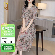 OLJ高檔品牌連衣裙女2025年夏季新款氣質(zhì)五分袖收腰印花桑蠶絲裙子 花色 S