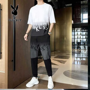 花花公子短袖t恤男士夏季青少年學(xué)生棉質(zhì)套裝潮牌漸變色上衣男褲子一套帥 874白色（搭配長(cháng)褲） M (100-120斤)662A