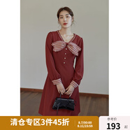 獨(dú)束【落日海棠系列】大碼復(fù)古連衣裙女秋冬新款胖mm顯瘦內(nèi)搭裙 磚紅色-v領(lǐng) XL