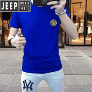 JEEP SPIRIT潮流短袖T恤男夏季新款純色虎頭青年修身圓領半袖體恤打底衫 克萊因藍色 立體圓圈虎頭 S 建議95--110斤
