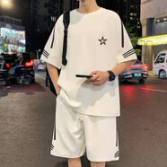 MCDV加肥加大碼胖子短袖套裝男夏季t恤搭配寬松短褲帥氣一套潮牌衣服 白色【五角星圖】套裝 M 【150-165cm】 8b