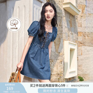 香影泡泡袖牛仔連衣裙女2025夏裝新款高級(jí)感法式抽繩小個(gè)子方領(lǐng)裙 牛仔藍(lán) S
