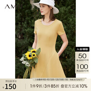 AMII法式復古a字連衣裙女年夏季新款赫本風顯瘦圓領修身裙子 杏黃 （建議拍大一碼） M 160/84A