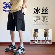 Wassup Sohot短褲男夏季冰絲涼感工裝褲男潮流休閑五分褲 黑色 XL