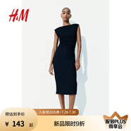 H&M女裝背心吊帶連衣裙2025夏季通勤修身一字肩垂褶緊身裙1283258 黑色 S 160/88