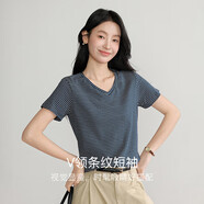 艾路絲婷2025年夏季新款V領(lǐng)短袖T恤女撞色條紋百搭休閑上衣 藍(lán)白條紋 XL