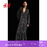 H&M女裝連衣裙夏季V領(lǐng)寬松法式休閑抽繩設計植物印花長(cháng)裙1225331 黑色/花卉 165/96 M
