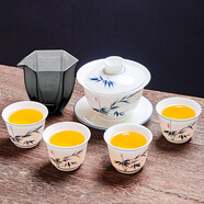 一品工坊三才蓋碗單個(gè)高檔羊脂玉白瓷泡茶碗帶蓋大容量青花手繪可懸停蓋碗 蓋碗200ml+4杯+公道杯220ml