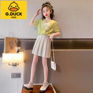 G.duck女童套裝夏款2025新款韓版時(shí)髦洋氣小女孩短袖西裝百褶裙兩件套 果綠色(兩件套喲)0849新款 150