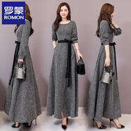 羅蒙（ROMON）大碼連衣裙女長(cháng)款過(guò)膝春秋季新款高級感連衣裙韓版修身大擺長(cháng)裙 圖片色 M
