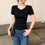 山朵棉黑色v領(lǐng)短袖t恤女2025新款拼接修身顯瘦百搭洋氣純棉緊身正肩上衣 黑色 S
